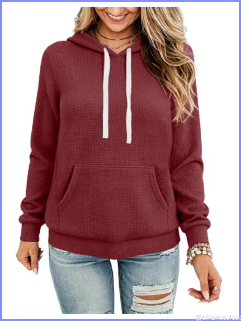 Waffle Knit Hooded Sweatshirt Loose Fit Long Sleeve Pullover with Pockets